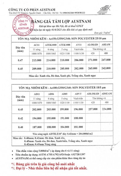 Báo giá tôn Austnam 1 lớp mới năm 2023